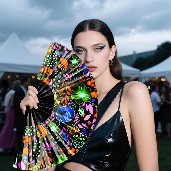 Large Folding Hand Fan, UV Glow Fan for Rave, Festival Folding Hand Fan for Wome - Picture 6 of 7